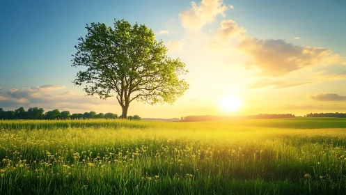 Single tree stands in sunlit meadow under low evening sun
