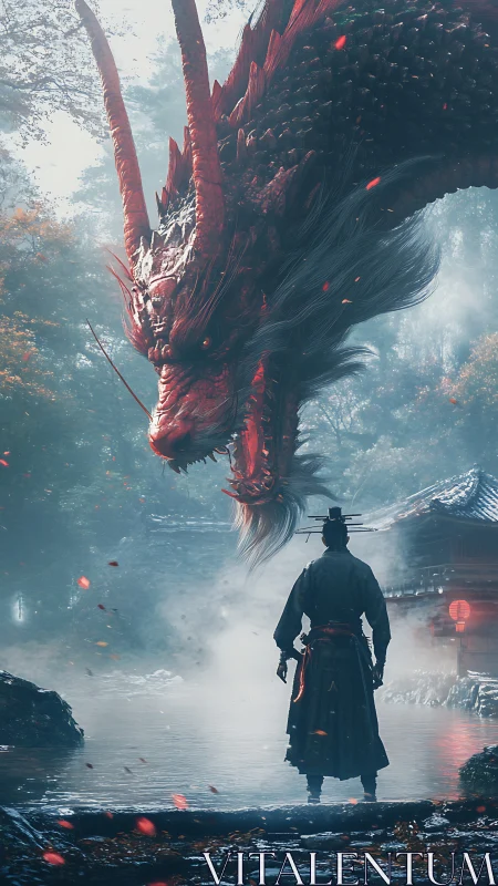 Samurai confronts a colossal dragon above a misty shrine.