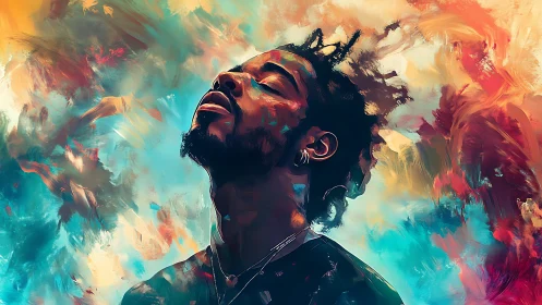 Digital portrait of man amid abstract multicolor background.