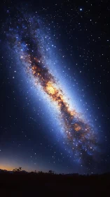 Milky Way core glows over desert horizon at night sky.