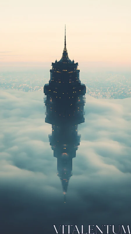 Vertical neogothic tower mirrored in atmospheric cloud inversion