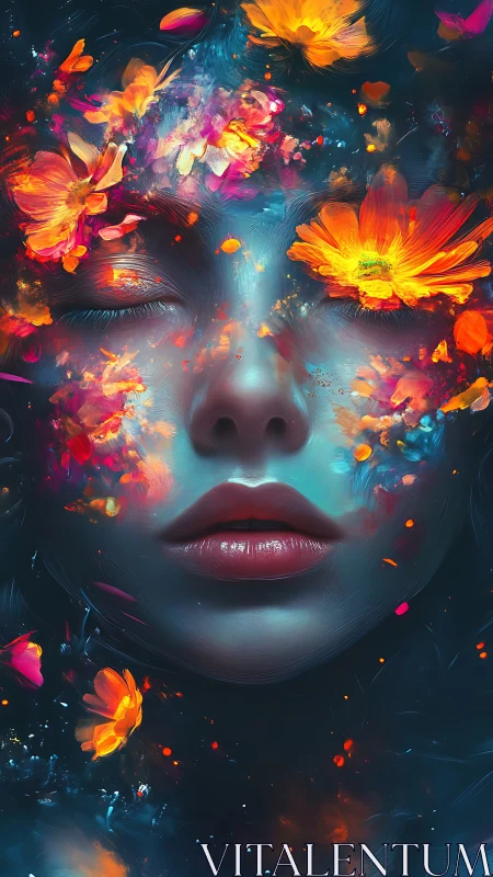 Female face merges with vivid orange and pink floral bursts