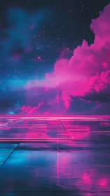 Neon horizon grid beneath magenta nebula sky, vertical format.