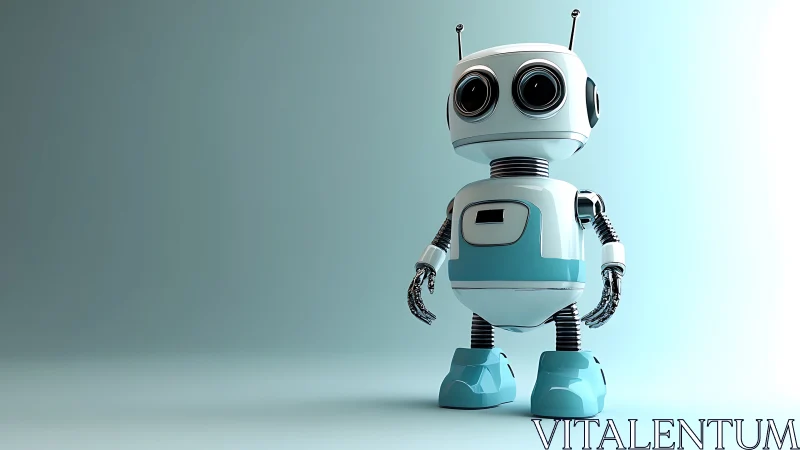 Cute teal service robot on minimal gradient stage.