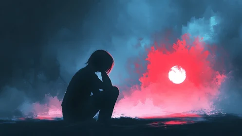 Silhouetted figure beside neon-red sun in atmospheric mistscape.