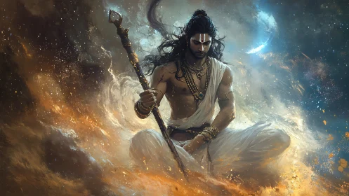 Cosmic warrior meditates within swirling celestial fire.