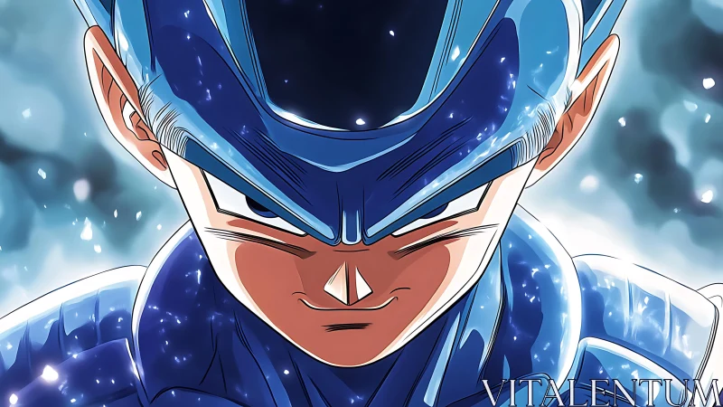 Intense blue-armored anime warrior rendered in high contrast lighting