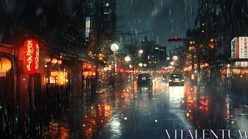 Rainy neon Tokyo street reflects lantern glow at night