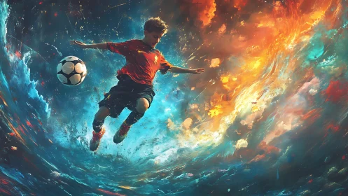 Young soccer player in swirling fire and water vortex.