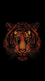 Symmetrical neon tiger portrait with high-contrast linework rendering