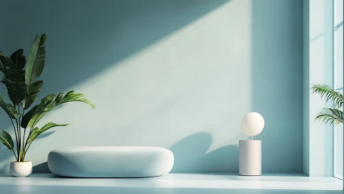 Minimalist teal lounge with cylinder lamp and potted plants