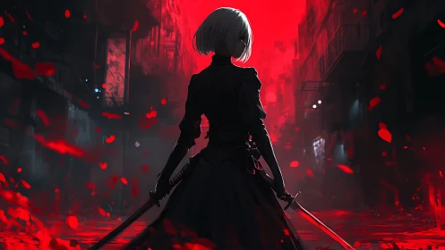 Midnight swordswoman in neon-red alley of falling embers.