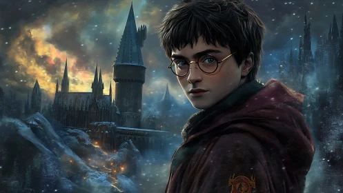 Young wizard portrait before snowy gothic castle at dusk