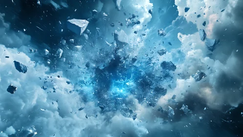 Cosmic ice explosion scattering debris through clouds.