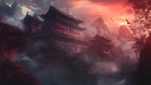 Ancient mountain temple rises in crimson mist at twilight