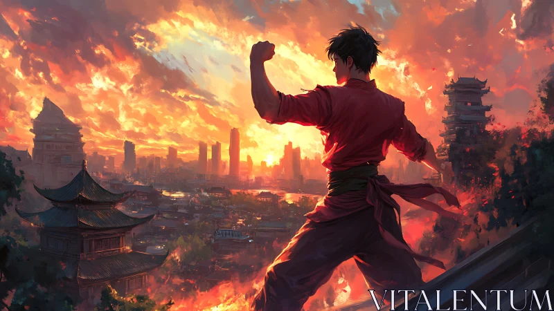 Sunset martial sentinel above blazing neon temple city.