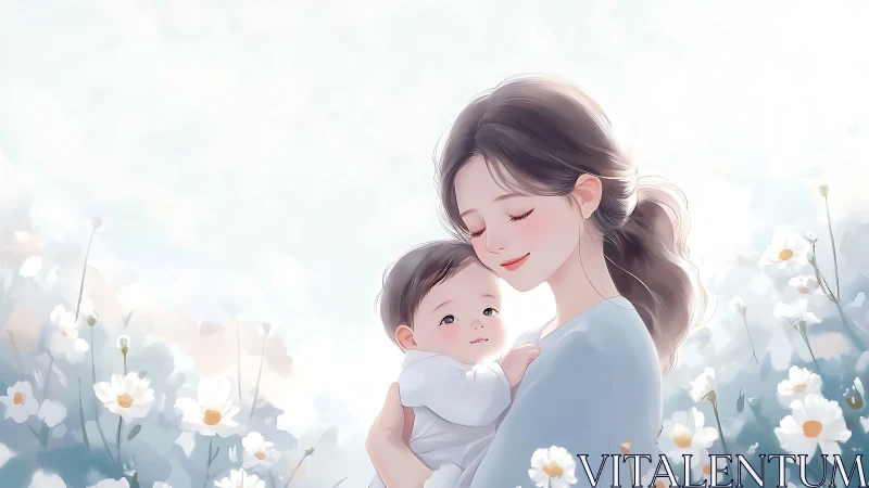 Gentle mother holding baby in soft floral meadow, pastel illustration.