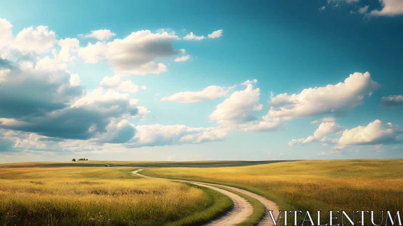 Curving country road traverses sunlit pastoral grassland under clouds