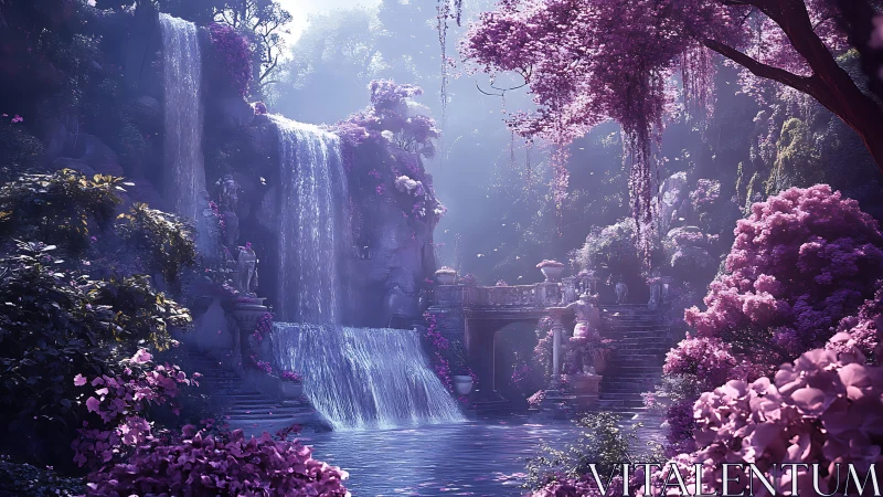 Enchanted violet waterfalls in a misty hidden garden.