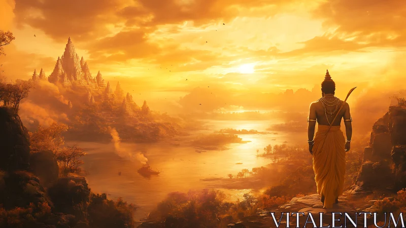 Warrior overlooks radiant river kingdom at golden sunset