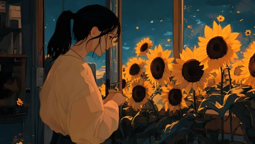 Sunset girl and window sunflowers sharing a quiet glow.