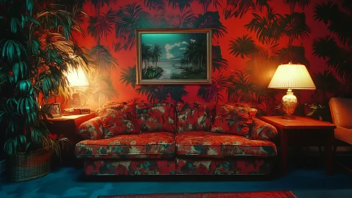 Neon-lit tropical living room with patterned sofa and lamps