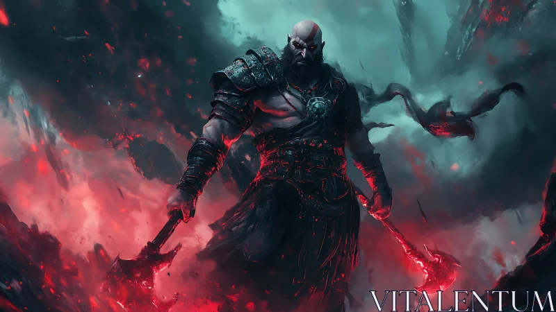 Warrior strides through molten void wielding twin axes.