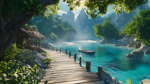 Tropical Lagoon Dock Beneath Limestone Cliffs