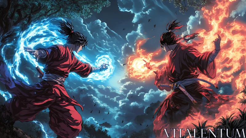 Dueling elemental warriors unleash fire and lightning at dusk