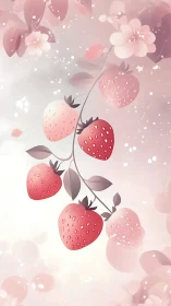 Vertical strawberry branch rendered in soft pastel digital style