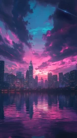 Neon-lit skyline reflects in saturated magenta water at dusk
