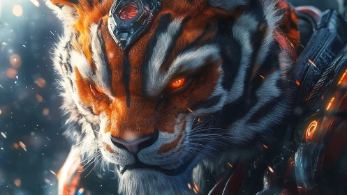 Cybernetic tiger portrait with glowing eyes and armor detail