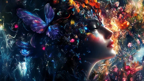 Dreaming woman dissolves into cosmic butterflies and light
