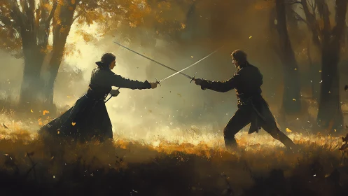 Autumn forest duel where two resolute swords clash gently.
