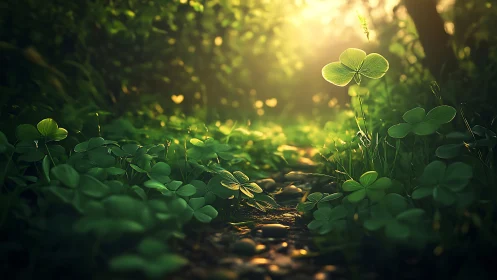 Backlit clover path captures shallow-depth forest microcosm