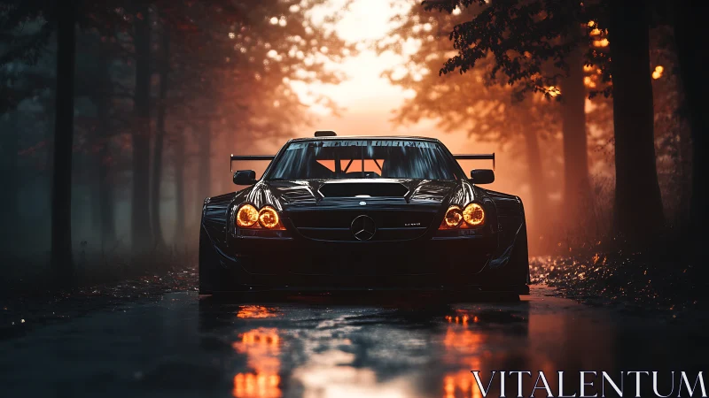 Night racer glows through misty forest road at sunset