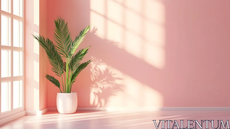 Sunlit potted palm with volumetric window shadow geometry.