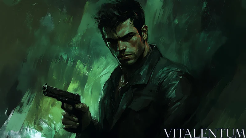Brooding gunman poised in deep green painterly shadows.