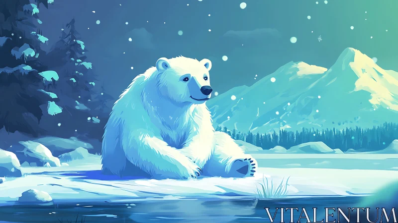 Stylized polar bear resting beside frozen lake in aurora light