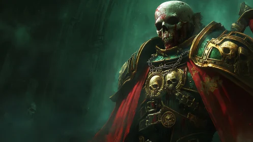 Grim skull knight stands tall in ornate bloodstained armor