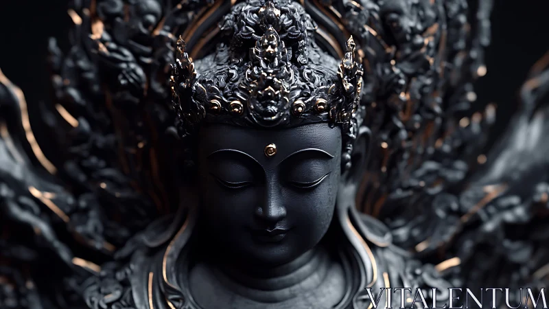 Dark metallic deity statue with ornate crown and calm face.