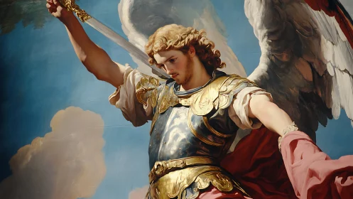 Armored archangel with raised sword in dynamic skyward composition.