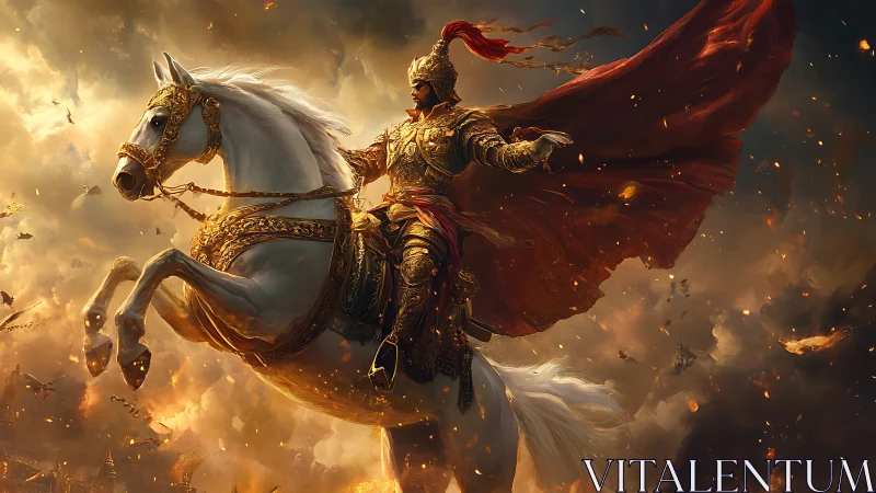 Storm-lit warrior rides a blazing horizon of swirling embers
