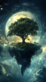 Floating island tree against glowing moon in starry sky.