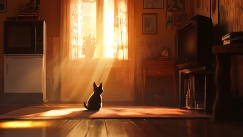 Cat in golden sunbeam inside warm vintage living room.
