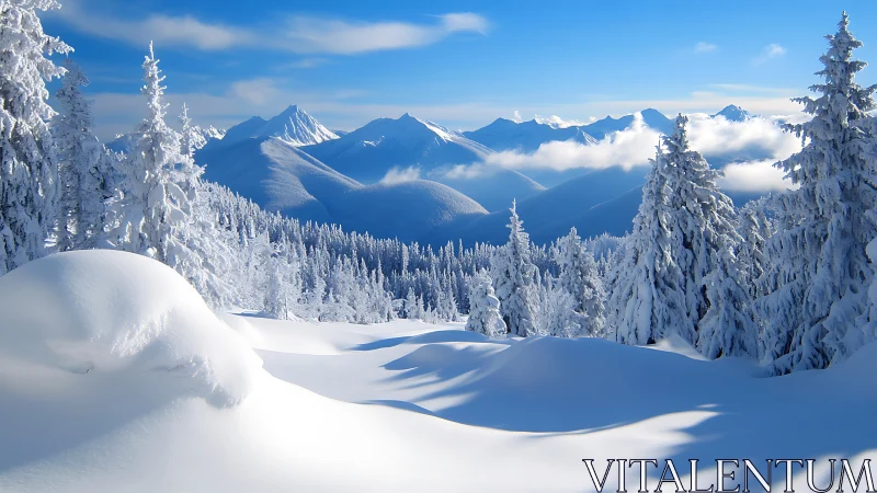 Snow-laden conifer forest before alpine ridgeline under clear sky