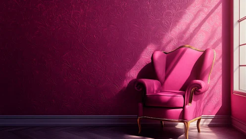 Cozy pink armchair basking in gentle afternoon sunlight.