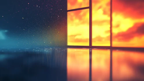 Luminous window portal over reflective horizon at dusk.