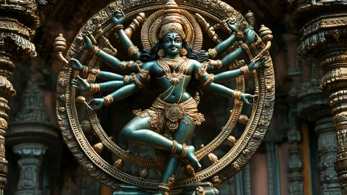 Bronze multi-armed dancing deity sculpture in temple setting.