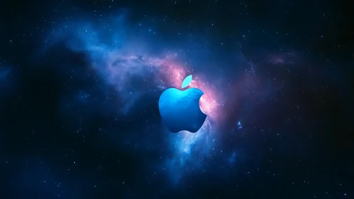 Glowing apple emblem floats in a deep cosmic nebula sky